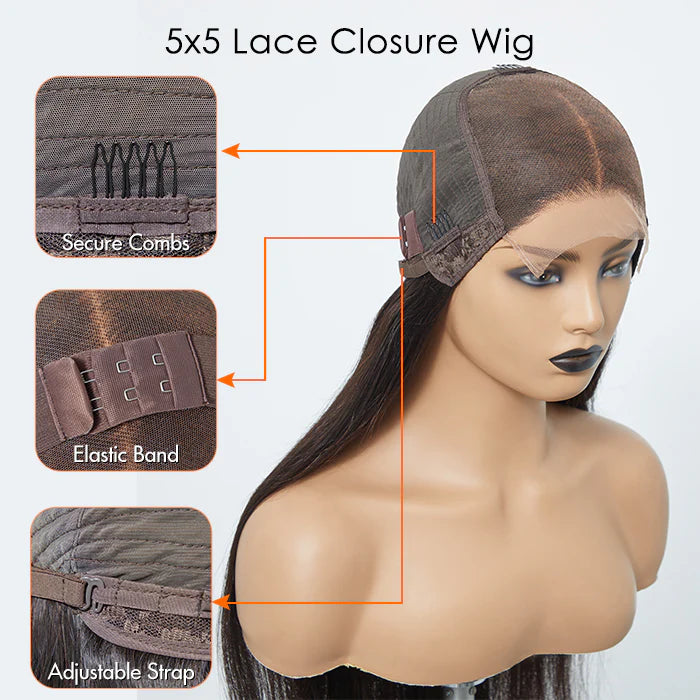 18"–32" Straight 5x5 Glueless Lace Closure Wig – 180% Density
